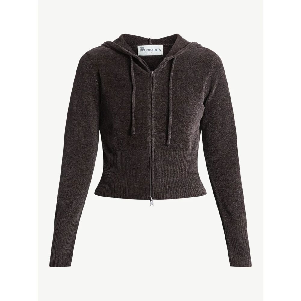 Chenille Y2K Vibe Zip Cropped Sweater Hoodie Sz L Breen Chocolate Coffee Brn NWT